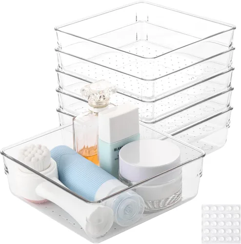 Miniatura 8 de 6 bandejas organizadoras de cajones de plástico transparente de 6 x 3 pulgadas con 25 almohadillas antideslizantes para maquillaje, joyas