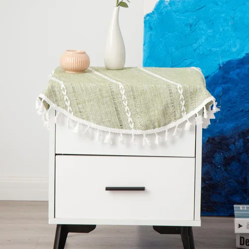 Miniatura 8 de Mantel Redondo Pequeño de Lino Rústico para Mesita de Noche con Rayas Bordadas Lavable Azul Cubierta de Mesa Estilo Granja con Puntadas y Borlas
