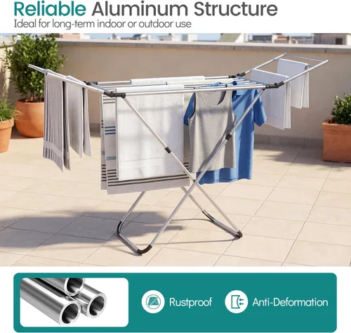 Miniatura 4 de GOFLAME Clothes Drying Rack, Laundry Drying Rack with 2 Foldable Wings, 14 Drying Rods, Free-Standing Collapsible Laundry Airer for Clothes, Towels