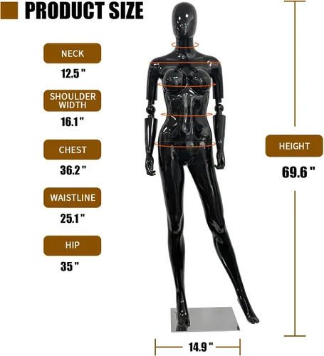 Miniatura 8 de Maniquí femenino negro brillante de 70 pulgadas con brazos ajustables, forma de vestido de cuerpo completo con base de metal para exhibición