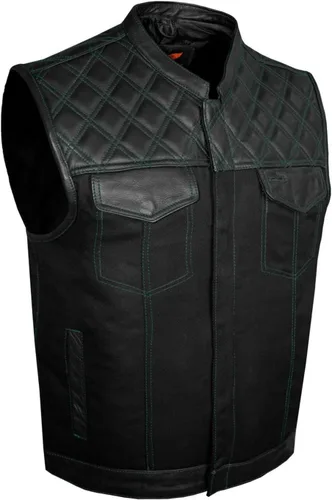 Miniatura 7 de GARGOYLE BELLS Chaleco de moto de mezclilla y cuero para hombre con bolsillos para pistola SOA Biker Club Chaleco con acolchado de diamante