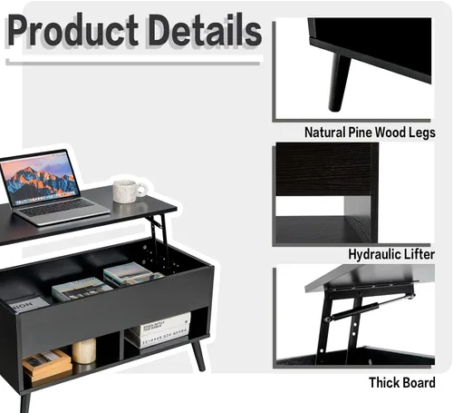 Miniatura 8 de Tangkula Mesa de centro elevable, mesa de comedor de madera con almacenamiento oculto y 2 estantes abiertos, dispositivo de elevación hidráulica