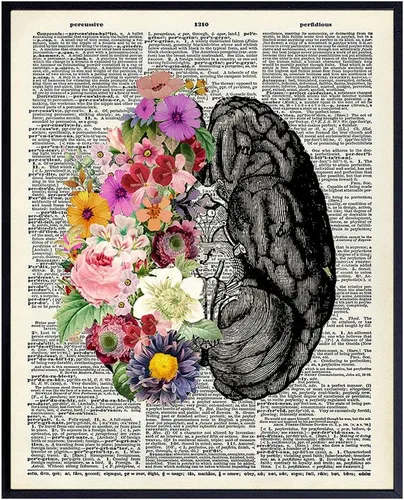 Impresión artística de diccionario de cerebro de flores, póster vintage reciclado, decoración moderna para el hogar, dormitorio, baño, sala de