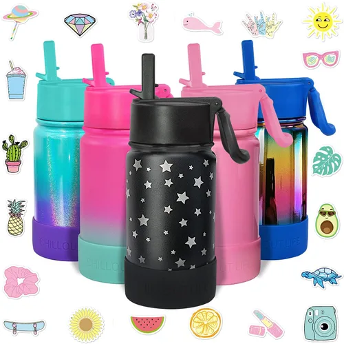 Miniatura 12 de CHILLOUT LIFE - Botella de agua aislada de 17 onzas con tapa con pajilla para niños, a prueba de fugas y bonitas calcomanías impermeables, termo