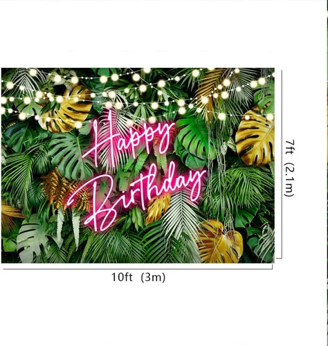 Miniatura 4 de Lofaris Telón de fondo hawaiano tropical Aloha con hojas de palma, feliz cumpleaños, color rosa, neón, hojas verdes selva, fondo para adultos