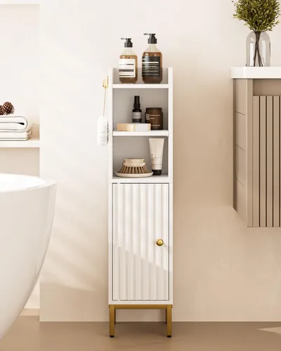 Miniatura 11 de Gabinete de Almacenamiento para Baño, Pequeño Mueble de Esquina de Piso con 2 Ganchos, Gabinete Estrecho para Papel Higiénico con Puerta de Ratán