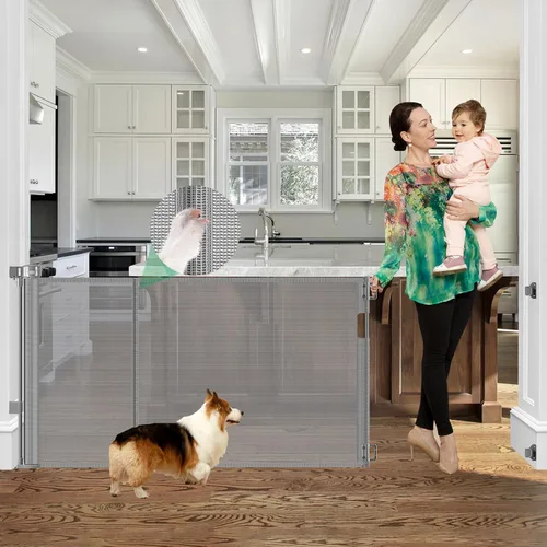 Miniatura 19 de Puerta retráctil reforzada de 96 pulgadas de ancho con varillas de apoyo, puerta retráctil extra larga para perros, puertas exteriores para Negro
