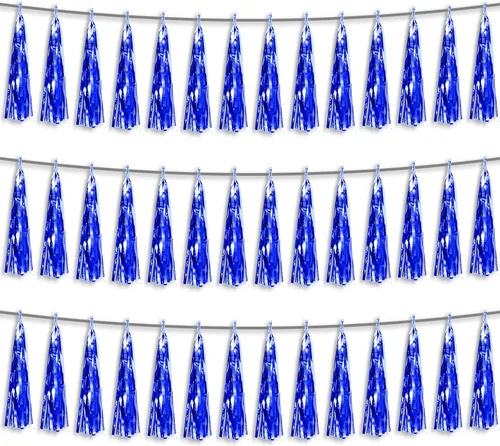 Miniatura 14 de 3P Guirnalda de borlas metálicas con flecos de oro blanco y azul marino, banderines de borlas para desfiles, despedidas de soltera, bodas, Azul Oro