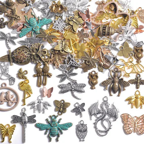 Miniatura 10 de stino - 100 g de dijes colgantes de metal para hacer joyas, lote de dijes bañados en plata y oro para pulseras, collares y manualidades, dijes