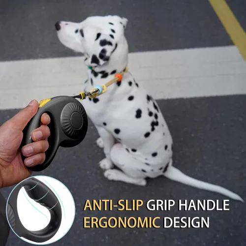 Miniatura 6 de JSXD Correa retráctil para perro de 360° sin enredos con freno con una sola mano, pausa, bloqueo, cinta de nailon resistente de 10 pies para Negro