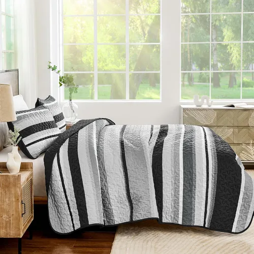 Miniatura 3 de WONGS BEDDING Juego de Edredón Full, Juego de Colcha y Cubrecama de 3 Piezas a Rayas Negras, Edredones Ligeros de Verano Tamaño Full para Cama