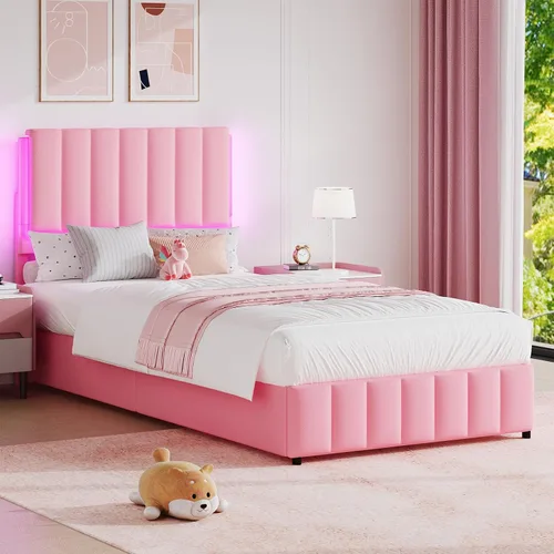 Miniatura 12 de REVOMINCA Base de cama tapizada individual con luces LED, plataforma de piel sintética con cabecera y soporte de listones de madera, no necesita