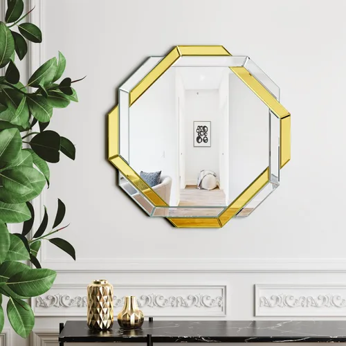 Miniatura 4 de Espejo de baño dorado de 20 x 20 pulgadas, espejo de pared helicoide decorativo, con borde biselado hexagonal sin marco para pared, baño, tocador