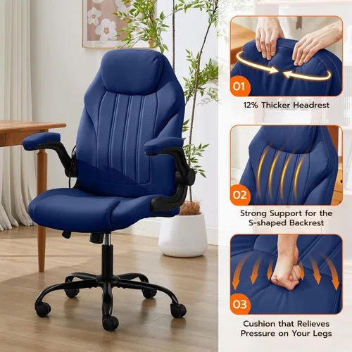 Miniatura 7 de Silla de Escritorio de Oficina, Silla Ergonómica para Computadora con Brazos Abatibles Acolchados y Soporte Lumbar Ajustable, Silla Ejecutiva de Azul