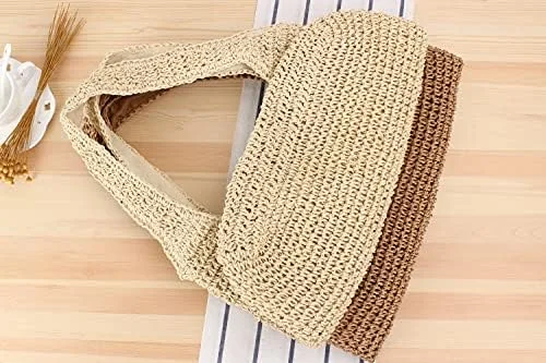 Miniatura 4 de Naimo Bolso de hombro de playa de paja para mujer, bolso de mano grande, tejido a mano, bolso estilo hobo casual de verano