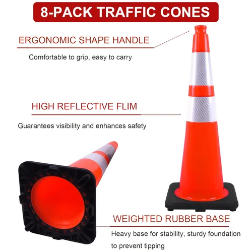 Miniatura 2 de OrangeStar Conos de tráfico naranjas de 28 pulgadas, paquete de 8 conos de seguridad de PVC resistentes con 2 collares reflectantes, base pesada