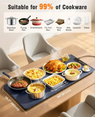 Miniatura 5 de Tapete de calentamiento de alimentos de 36 x 16 pulgadas, bandeja de calentamiento eléctrico de calentamiento rápido, 4 ajustes de temperatura, 3
