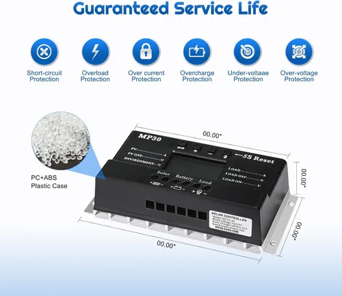 Miniatura 2 de Controlador de carga solar de 30 A, 12 V/24 V PWM, controlador de carga solar negativa, regulador de panel solar con función de sensor