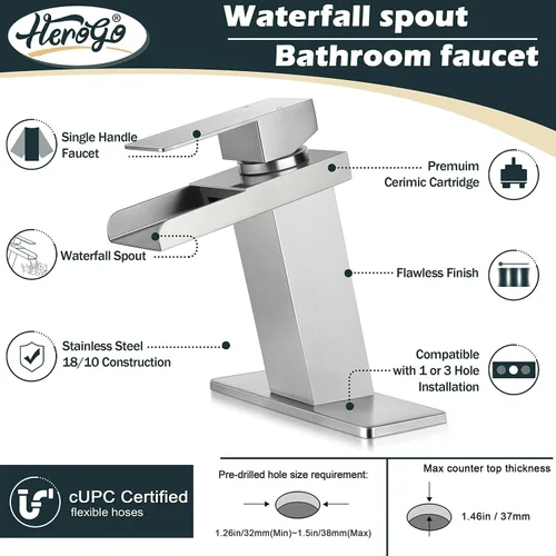Miniatura 2 de Herogo Grifo de baño en cascada, grifos de baño de níquel cepillado para fregadero de 1 o 3 agujeros con drenaje desplegable, grifo mezclador
