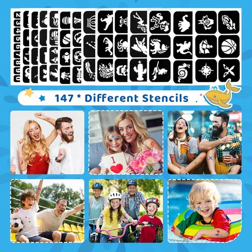Miniatura 4 de Kit de tatuaje temporal con purpurina para niños, kit de tatuajes profesionales brillantes de 30 colores, 147 plantillas, purpurina facial
