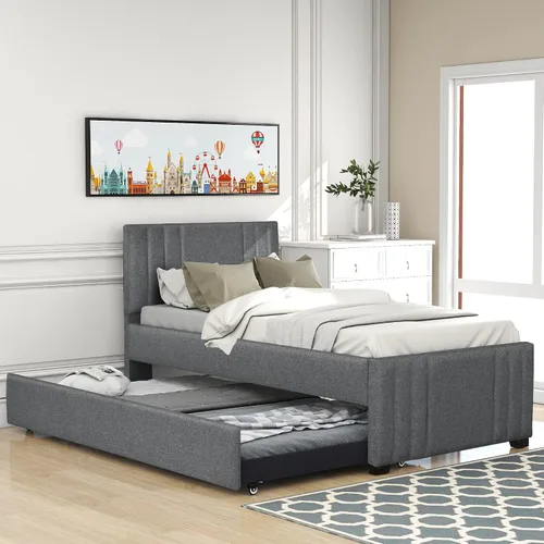 Miniatura 23 de SOFTSEA Cama de plataforma de tamaño matrimonial con nido, cama matrimonial tapizada con cabecero curvado para niños, adolescentes, invitados, tela