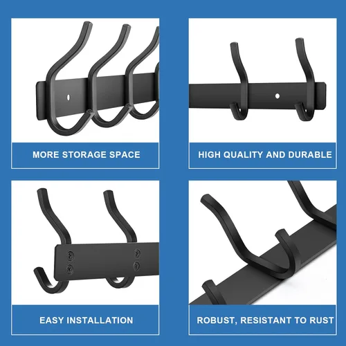 Miniatura 6 de Ganchos de pared negros, perchero de pared de 30 cm con 4 ganchos, ganchos de pared resistentes para colgar mochila, bolso, cartera, ropa, sombrero