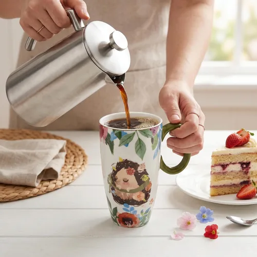 Miniatura 4 de Taza de viaje de cerámica con tapa, tazas de café altas con asa, taza de café y té de porcelana, bonito diseño de erizo, regalos de cumpleaños