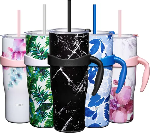 Miniatura 11 de THILY Vaso de 40 onzas de acero inoxidable con asa - Taza de viaje con aislamiento al vacío, tapa a prueba de salpicaduras y a prueba de fugas, 2