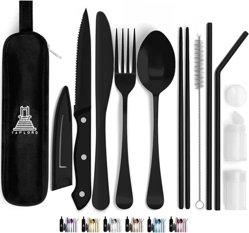 Juego de cubiertos de viaje portátil Taplord con estuche, incluye 10 piezas de utensilios de viaje con estuche, juego de cubiertos de acero Negro