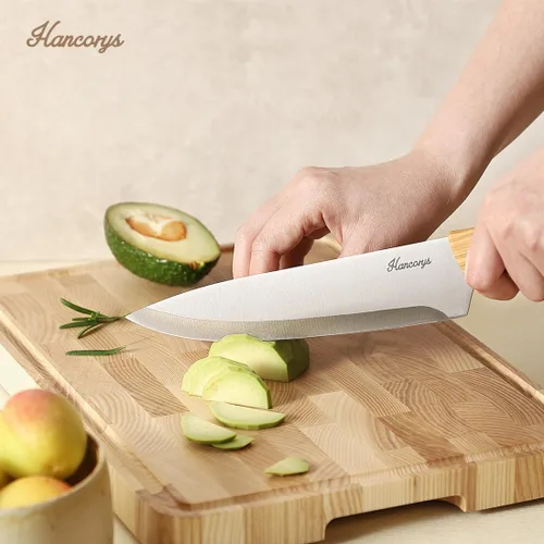 Miniatura 4 de Juego de cuchillos de cocina con afilador, juego de cuchillos de acero inoxidable alemán dorado con bloque y mango ergonómico de grano de madera