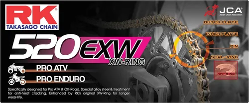 Miniatura 8 de RK Racing Chain 520EXW-66 (Serie 520) Cadena de acero de 66 eslabones de rendimiento extremo para todoterreno y ATV con anillo XW y eslabón