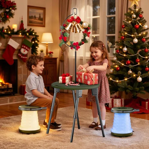 Miniatura 2 de Juego de mesa de camping LED con taburetes, capacidad de 300 libras, altura ajustable, mesa plegable y sillas, diseño compacto todo en uno para Negro