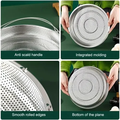 Miniatura 7 de Cesta de vapor multifuncional todo en uno con asa, cesta de drenaje de acero inoxidable para el hogar, malla fina al vapor, apta para lavavajillas
