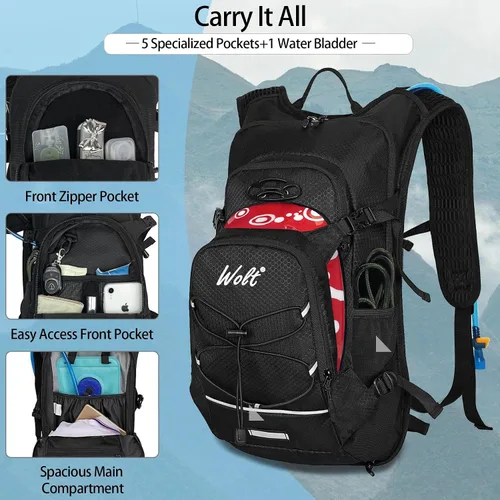 Miniatura 2 de WOLT Mochila de hidratación 18L para senderismo, mochila de agua con bolsa de agua de 2L para hombres y mujeres, paquete de hidratación para correr