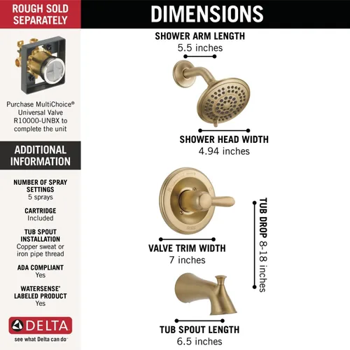 Miniatura 3 de Delta Faucet Lahara Serie 14 - Kit de molduras de bañera y ducha de un solo mango, grifo de ducha con cabezal de ducha de 5 pulverizaciones, bronce