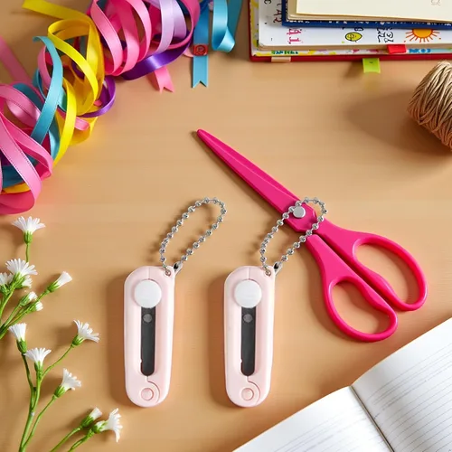 Miniatura 5 de 2 tijeras plegables rosadas, tijeras de viaje portátiles seguras, tijeras plegables telescópicas, mini tijeras de bolsillo con llavero para cortar