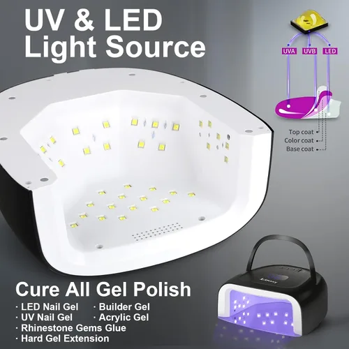 Miniatura 4 de Linssy - Lámpara de uñas UV inalámbrica, luz UV de 60 W para uñas de gel con 4 ajustes de tiempo, lámpara de uñas recargable con 42 cuentas para un