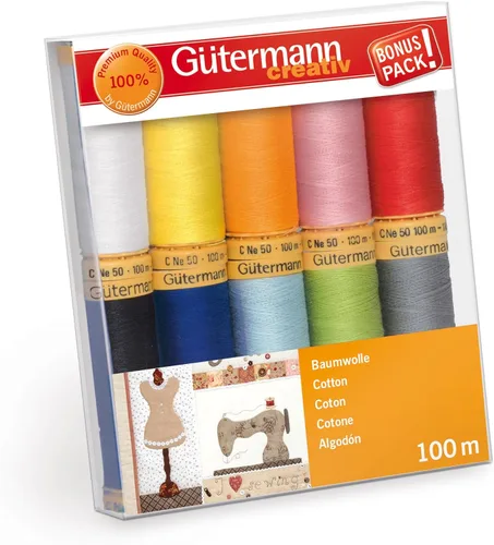 Miniatura 7 de Gütermann 731149-1 Juego de hilos de algodón natural 100 m x 10 carretes, multicolor, surtido