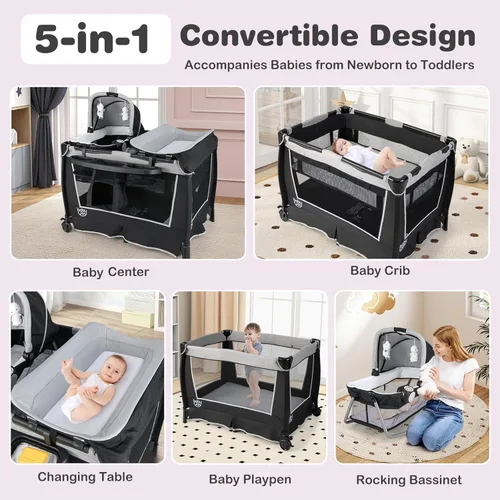 Miniatura 2 de BABY JOY Paquete y juego 5 en 1, corralito portátil para bebé con moisés y cambiador de pañales, bolsa, moisés infantil, centro de actividades
