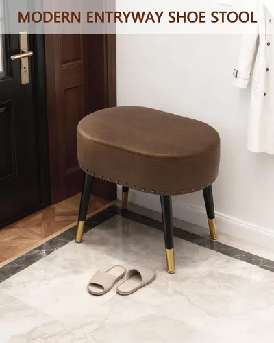 Miniatura 5 de LITZFUR Taburete de tocador para maquillaje, reposapiés ovalado de piel sintética, banco otomano con remaches vintage con patas de metal, taburete