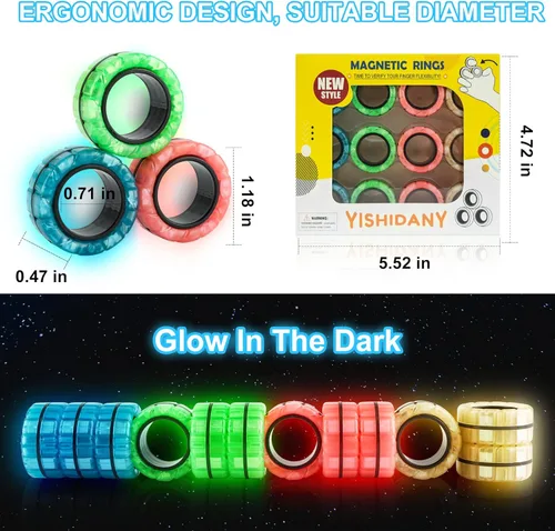 Miniatura 2 de Juego de anillos magnéticos giratorios, 12 piezas de anillos con imanes que brillan en la oscuridad para entrenamiento, alivia el autismo