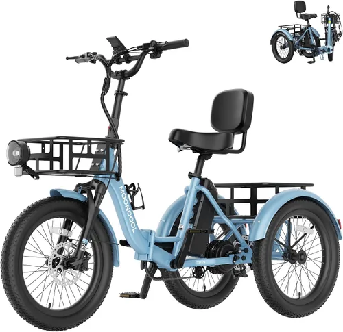 Miniatura 10 de MOONCOOL Triciclo eléctrico plegable para adultos, E-Trike de aluminio de 20 pulgadas con función de marcha atrás y opciones de largo alcance, Plata