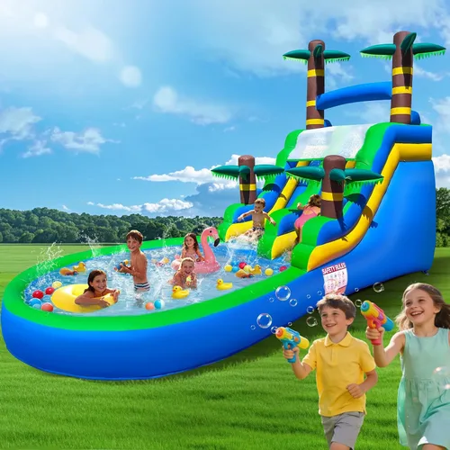 Miniatura 8 de Tobogán acuático inflable para adultos, tobogán acuático 100% de PVC de 21 pies con piscina grande, tobogán ancho con piscina poco profunda