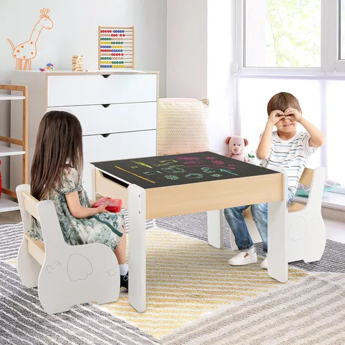 Miniatura 8 de HONEY JOY Juego de mesa y silla para niños, mesa de actividades de madera 4 en 1 y 2 sillas para manualidades artísticas, pizarra reversible, 3