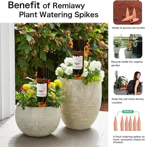 Miniatura 5 de REMIAWY Estacas de riego de plantas, paquete de 6 bebederos automáticos de plantas para vacaciones, picos de riego automático de terracota para 6