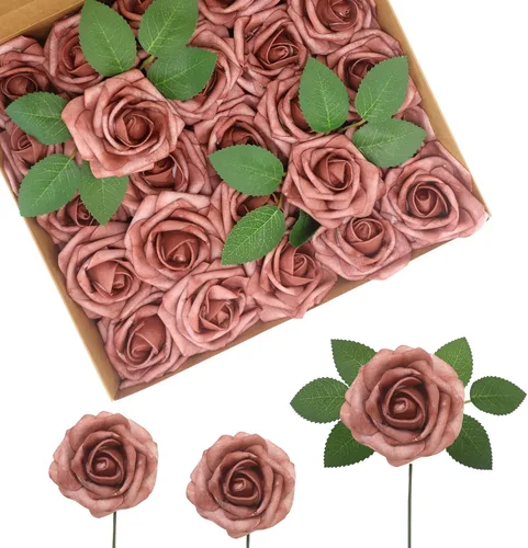 Miniatura 24 de Flores Artificiales Rosas Realistas, 50 piezas de rosas falsas con tallo de aspecto real para ramos de boda DIY, centros de mesa, despedida