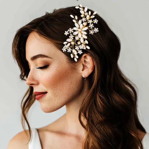 Miniatura 6 de Catery Peine de pelo de boda de cristal de flores Accesorios para el cabello con perlas de novia de novia Peines laterales tocados para mujeres