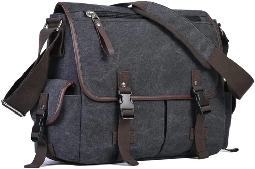 Miniatura 7 de Bolsa de mensajero vintage de lona para laptop de 15.6 pulgadas para hombres y mujeres, bolsa de hombro para computadora universitaria, maletines
