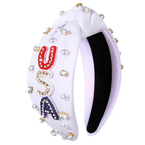 NVENF Diadema del 4 de julio con perlas de diamantes de imitación, bandera estadounidense, diadema para mujer, accesorio festivo