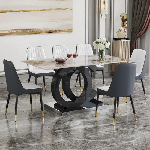 Miniatura 2 de Juego de mesa de comedor MUUOKY para 6, mesa de cocina y sillas para 6, mesa de piedra sinterizada con 6 sillas de comedor modernas adecuadas